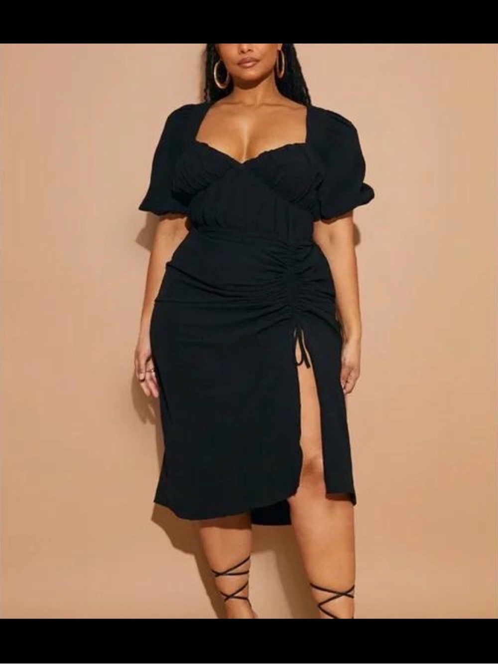 PrettyLittleThing Black Ruched Side-Slit Midi Dress with Puff Sleeves